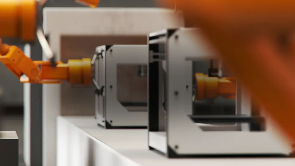 Orange industrial robots in BBC's The Disruptors